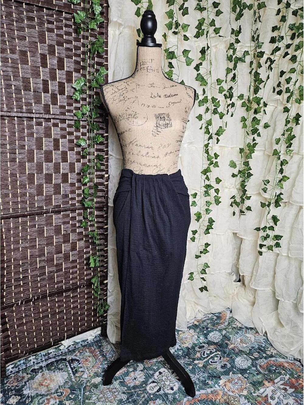Free People Black Midi Pencil Skirt with Draped Detail
